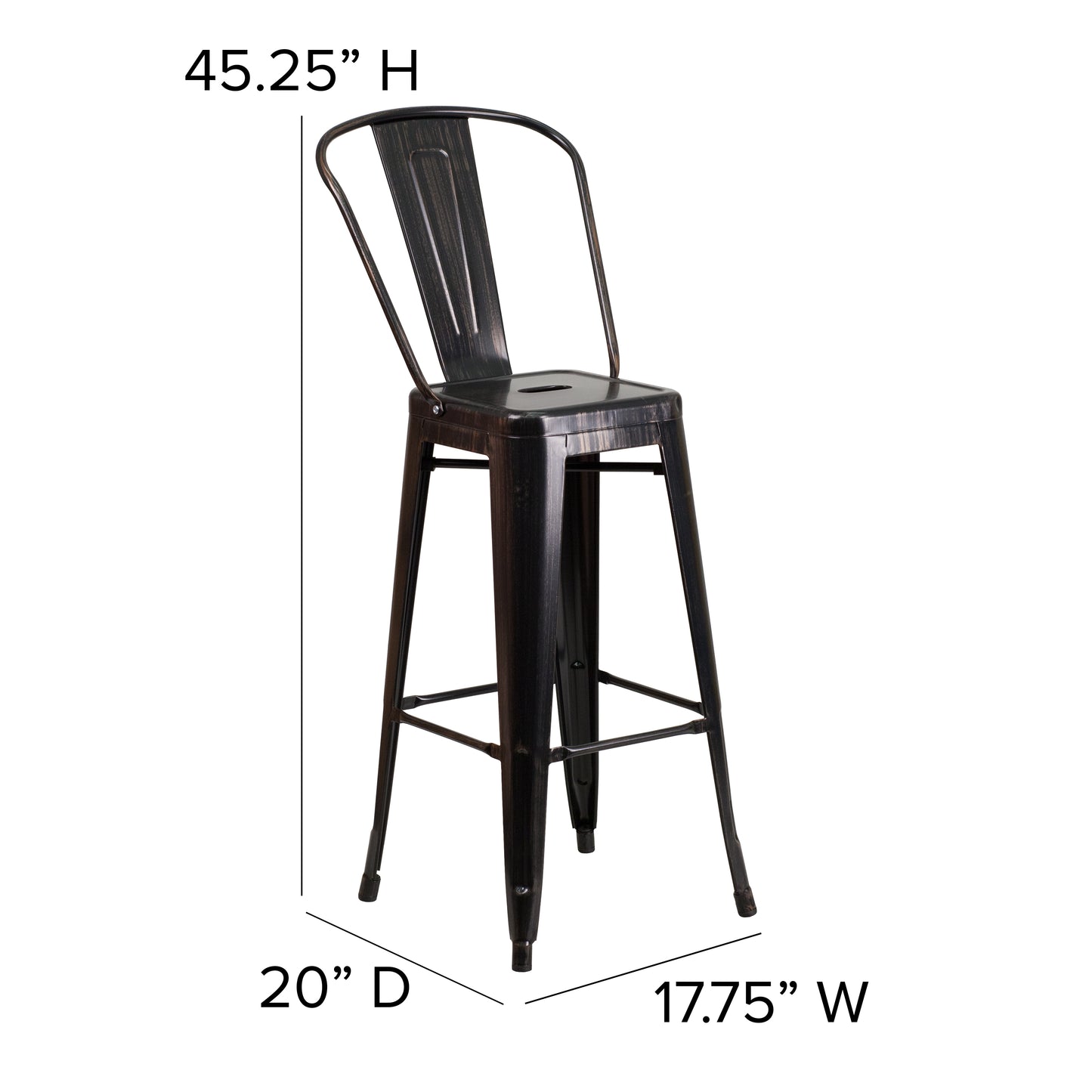 Kai Commercial Grade 30" High Black-Antique Gold Metal Indoor-Outdoor Barstool with Removable Back Black-Antique Gold