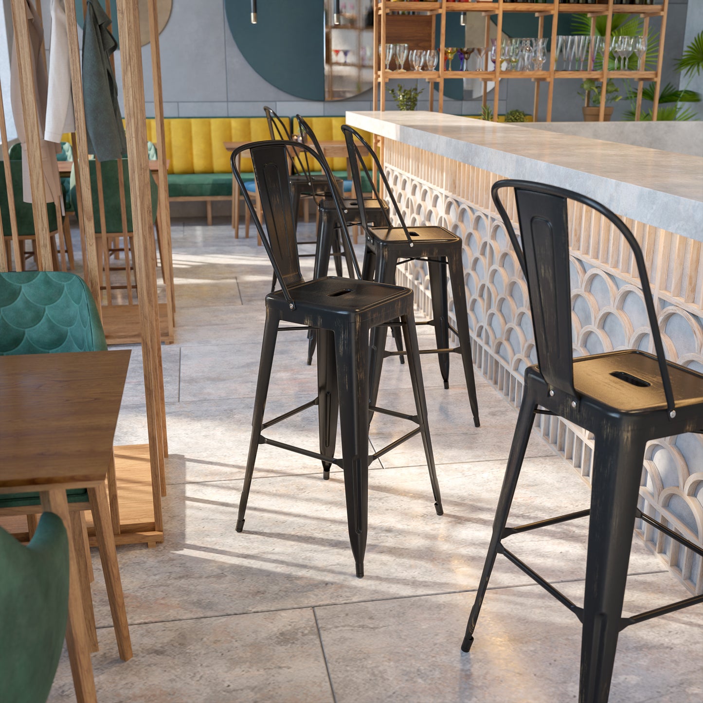 Kai Commercial Grade 30" High Black-Antique Gold Metal Indoor-Outdoor Barstool with Removable Back Black-Antique Gold