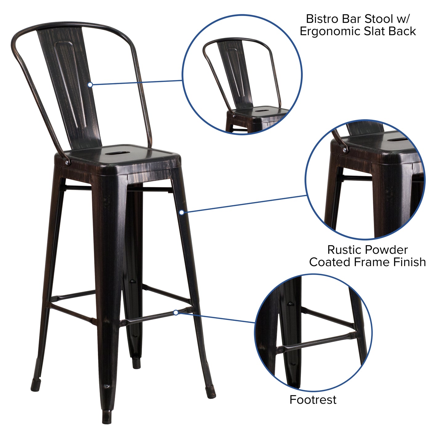 Kai Commercial Grade 30" High Black-Antique Gold Metal Indoor-Outdoor Barstool with Removable Back Black-Antique Gold