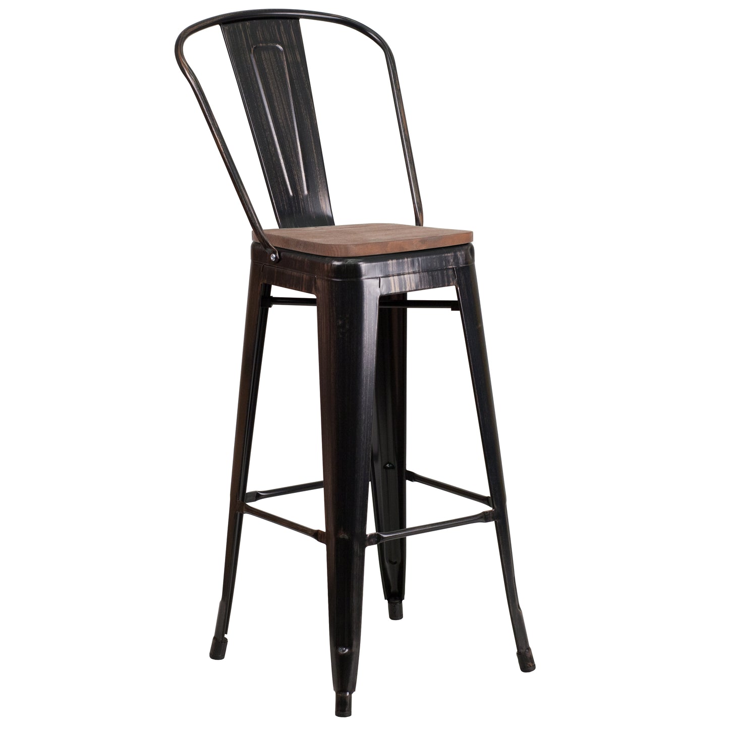 Lily 30" High Black-Antique Gold Metal Barstool with Back and Wood Seat Black-Antique Gold CH-31320-30GB-BQ-WD-GG