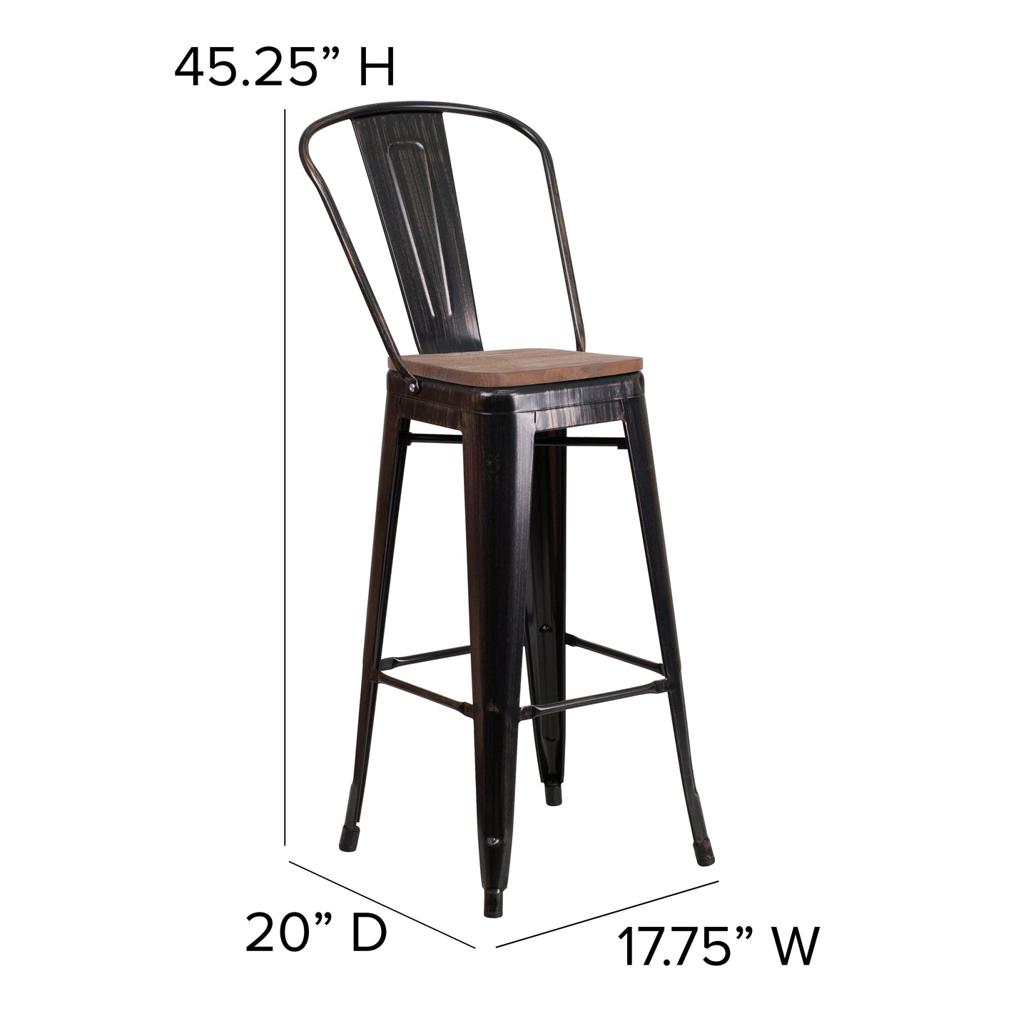 Lily 30" High Black-Antique Gold Metal Barstool with Back and Wood Seat Black-Antique Gold CH-31320-30GB-BQ-WD-GG