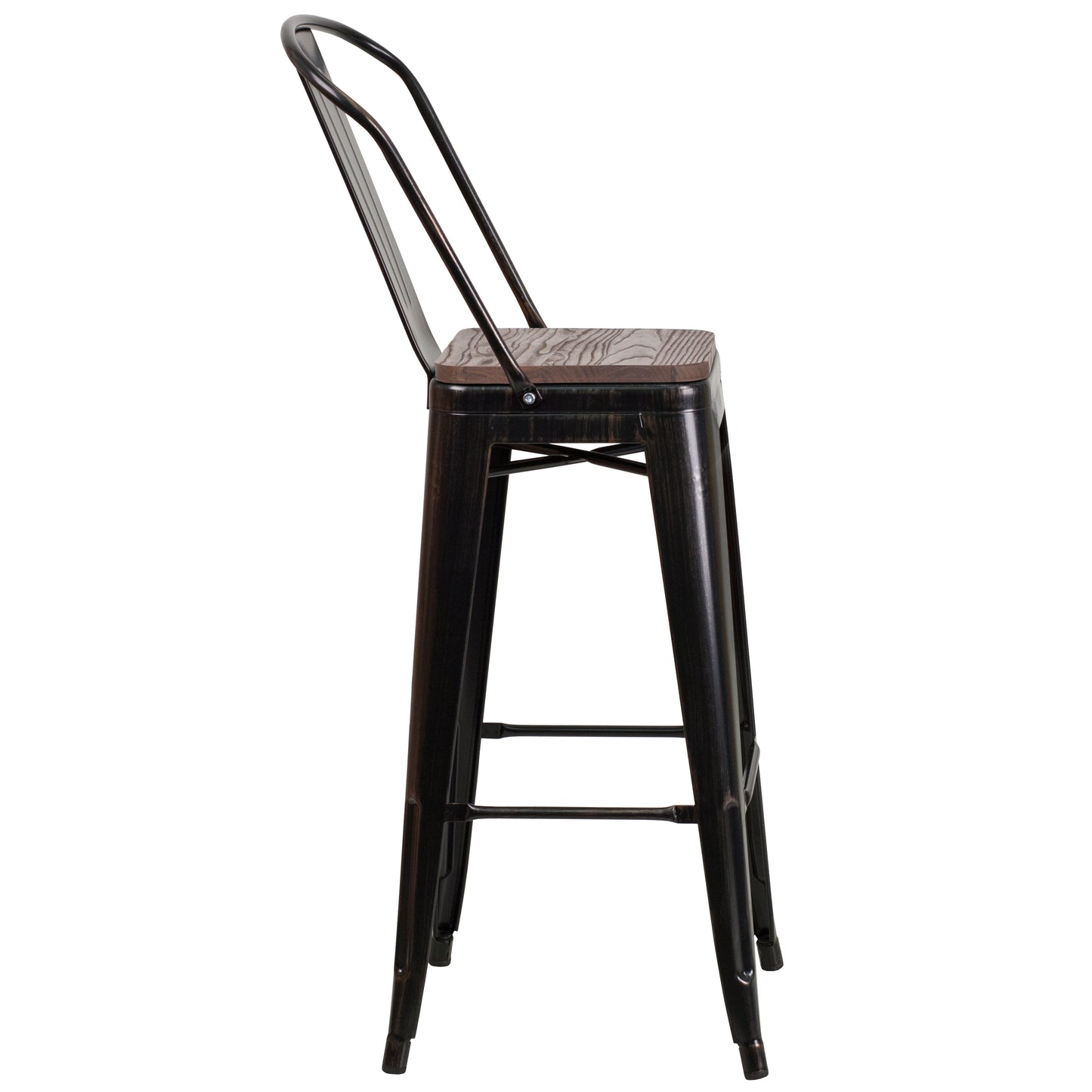 Lily 30" High Black-Antique Gold Metal Barstool with Back and Wood Seat Black-Antique Gold CH-31320-30GB-BQ-WD-GG