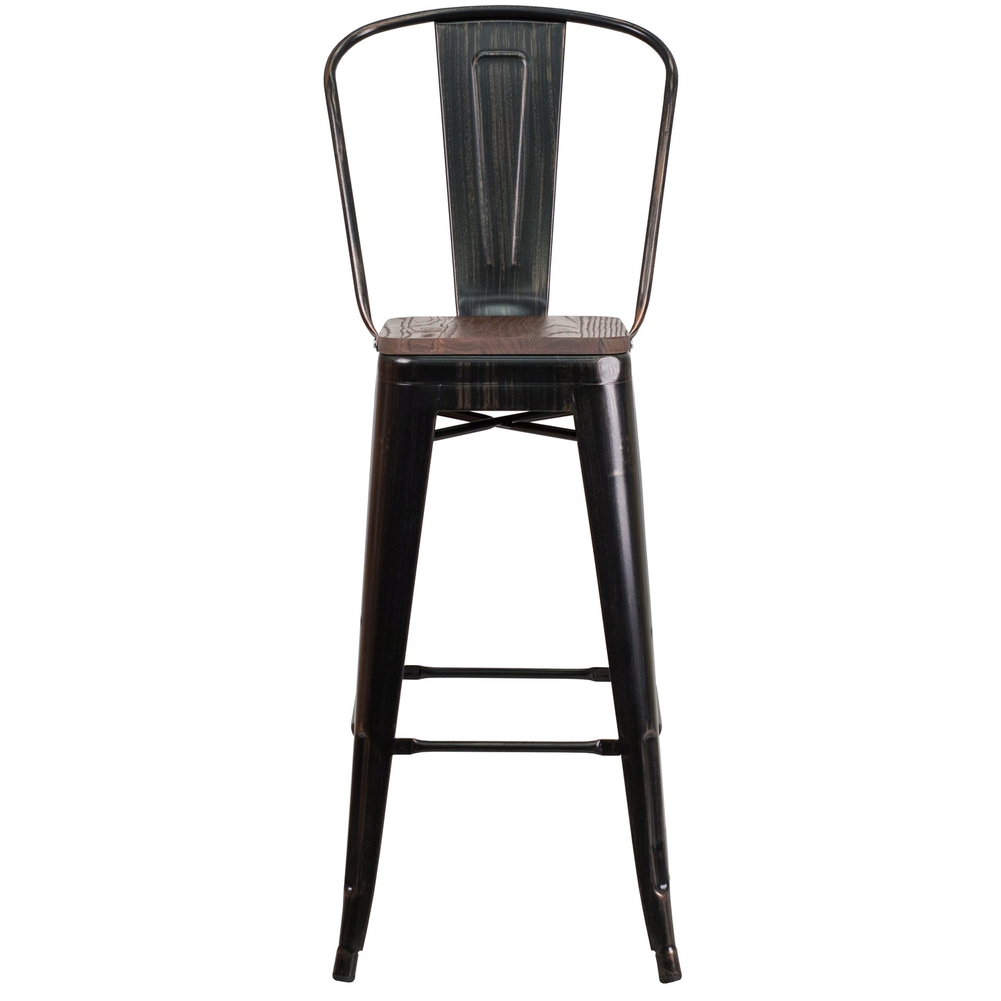 Lily 30" High Black-Antique Gold Metal Barstool with Back and Wood Seat Black-Antique Gold CH-31320-30GB-BQ-WD-GG