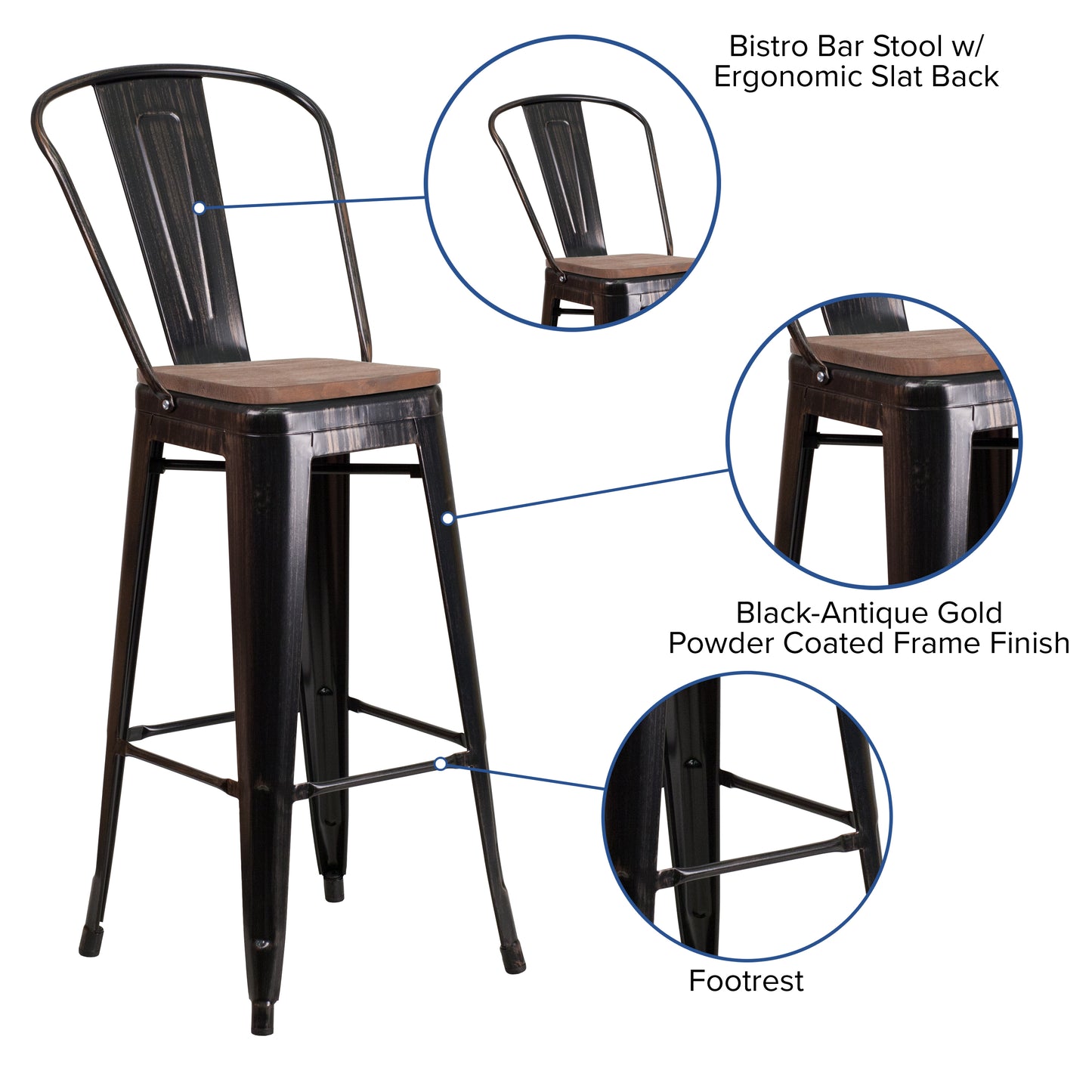 Lily 30" High Black-Antique Gold Metal Barstool with Back and Wood Seat Black-Antique Gold CH-31320-30GB-BQ-WD-GG