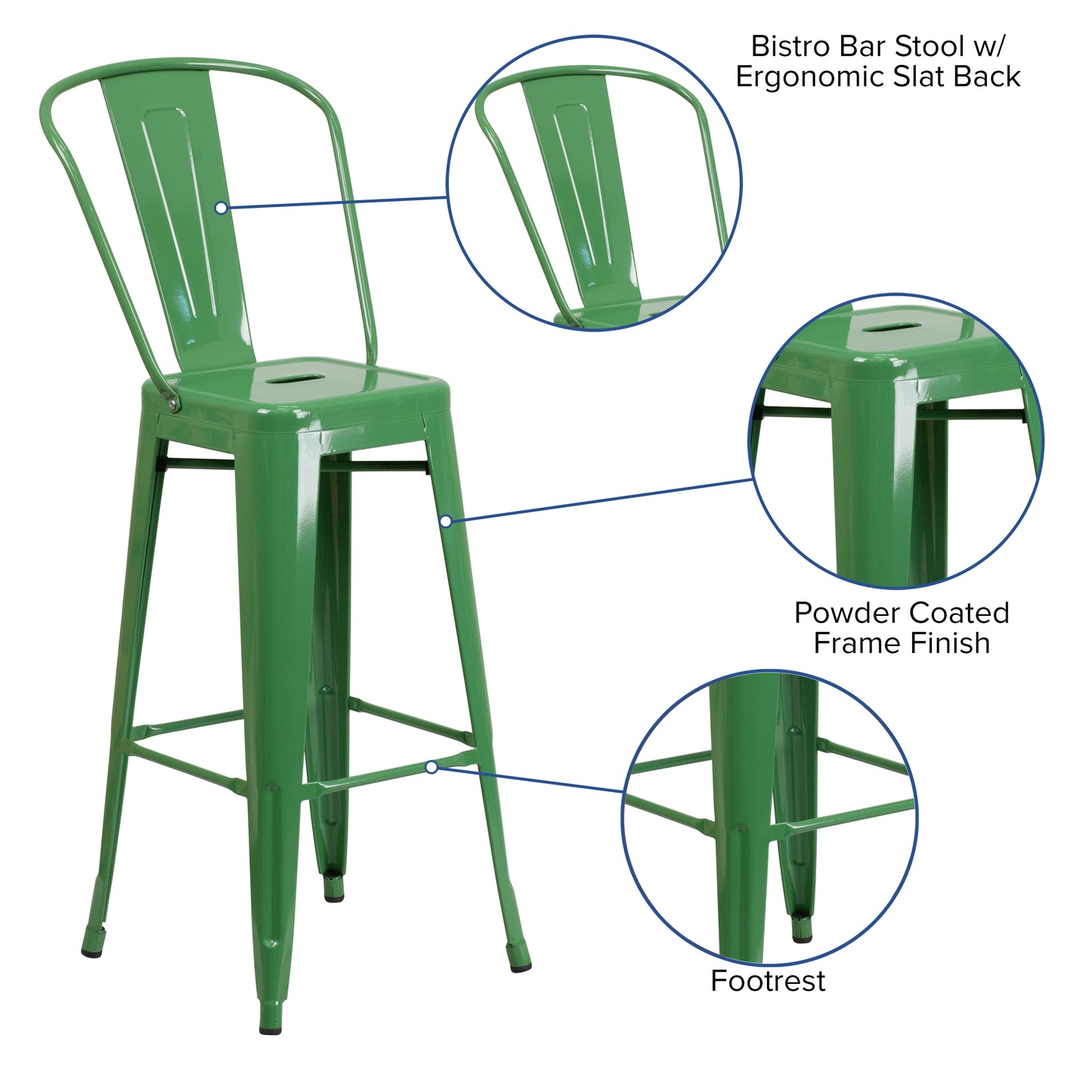 Kai Commercial Grade 30" High Green Metal Indoor-Outdoor Barstool with Removable Back Green