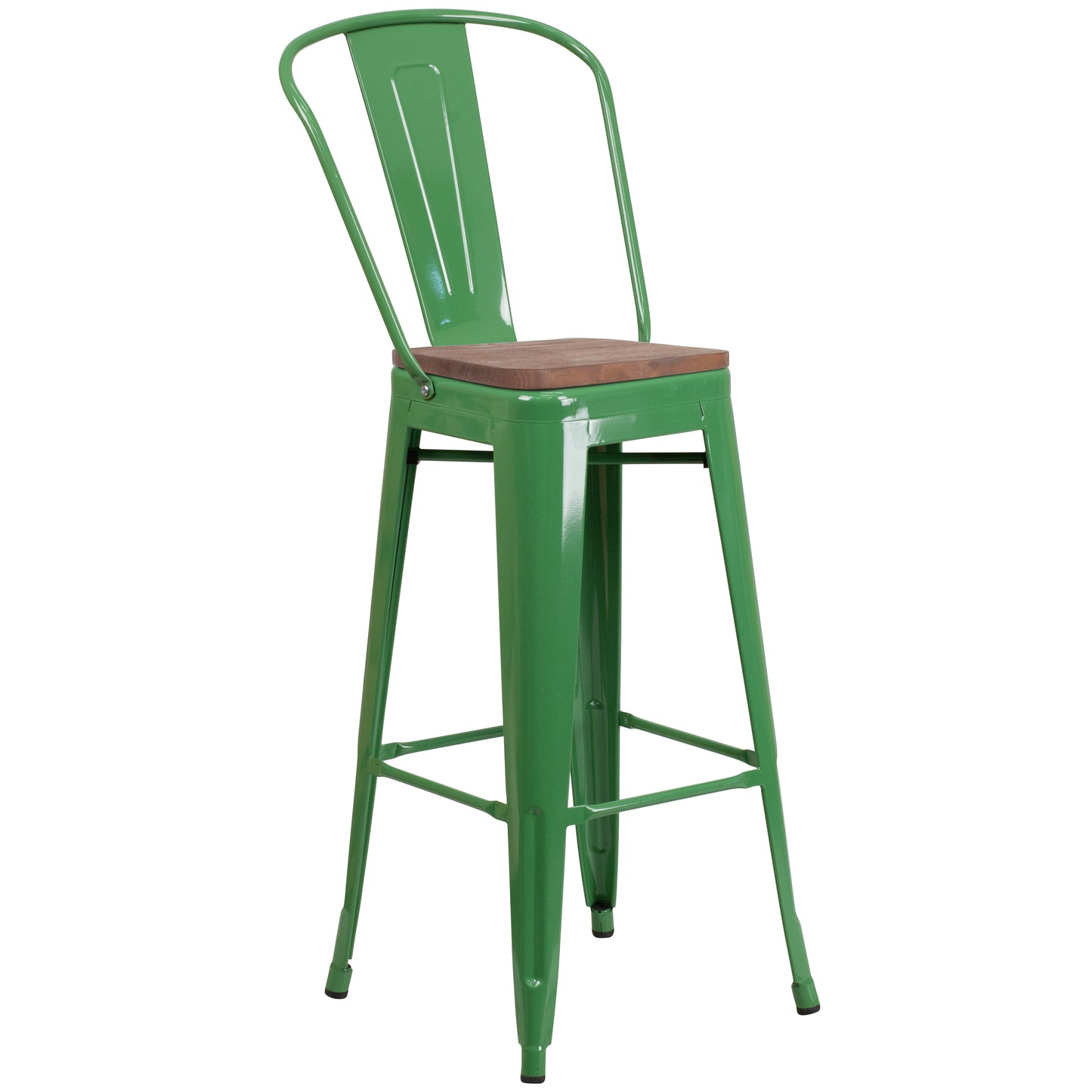 Lily 30" High Green Metal Barstool with Back and Wood Seat Green