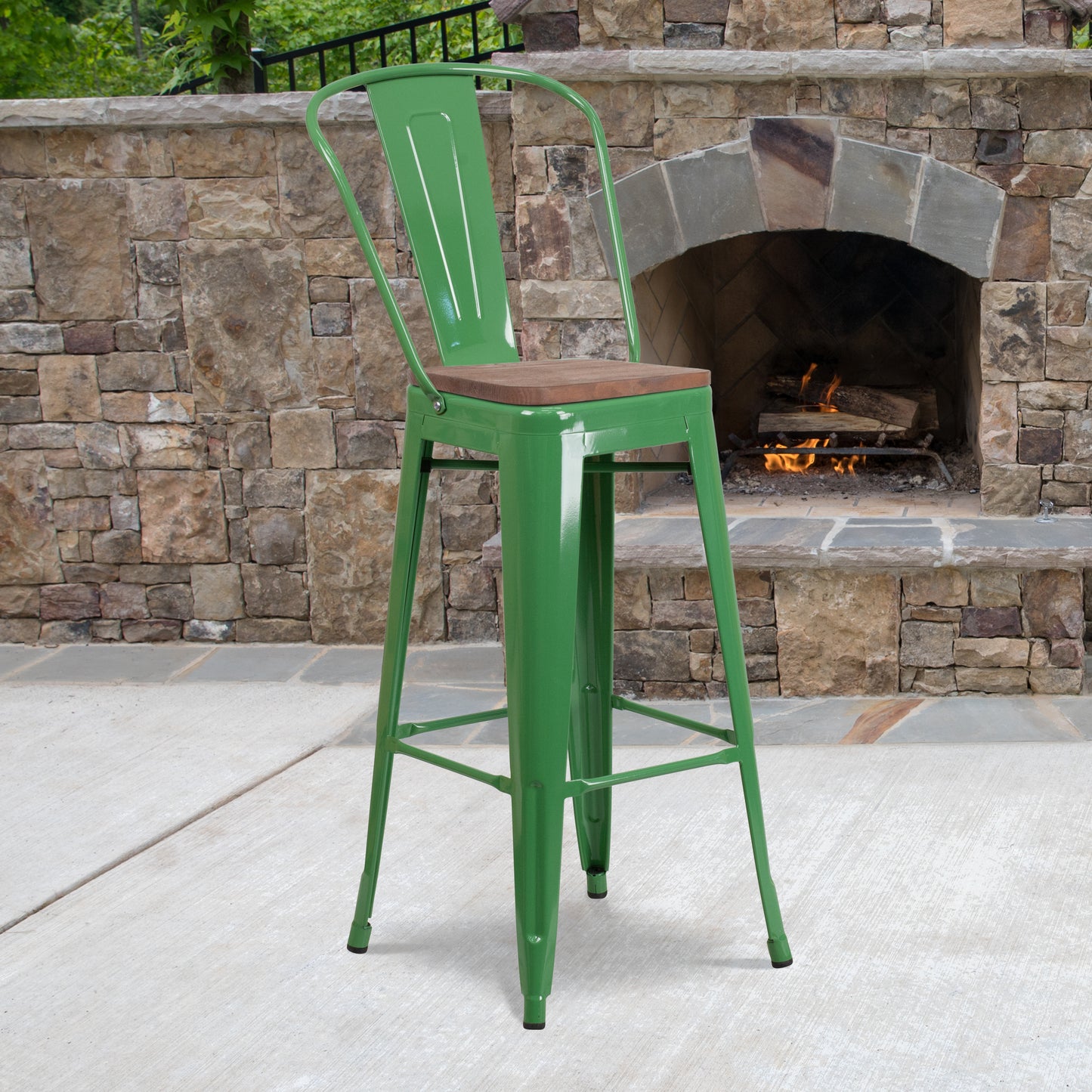 Lily 30" High Green Metal Barstool with Back and Wood Seat Green