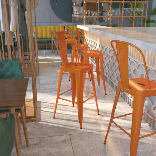 Kai Commercial Grade 30" High Orange Metal Indoor-Outdoor Barstool with Removable Back Orange