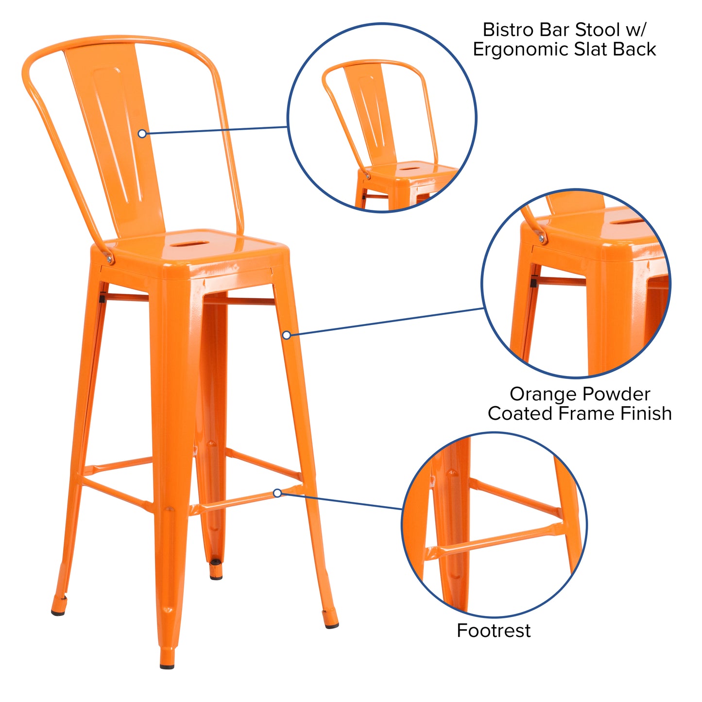 Kai Commercial Grade 30" High Orange Metal Indoor-Outdoor Barstool with Removable Back Orange