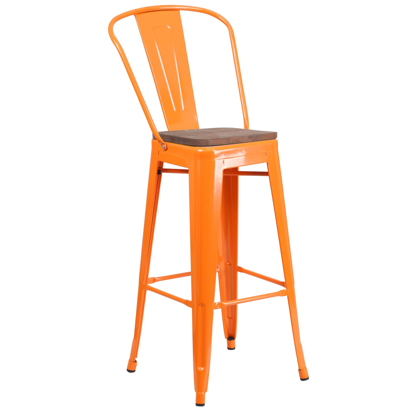 Lily 30" High Orange Metal Barstool with Back and Wood Seat Orange