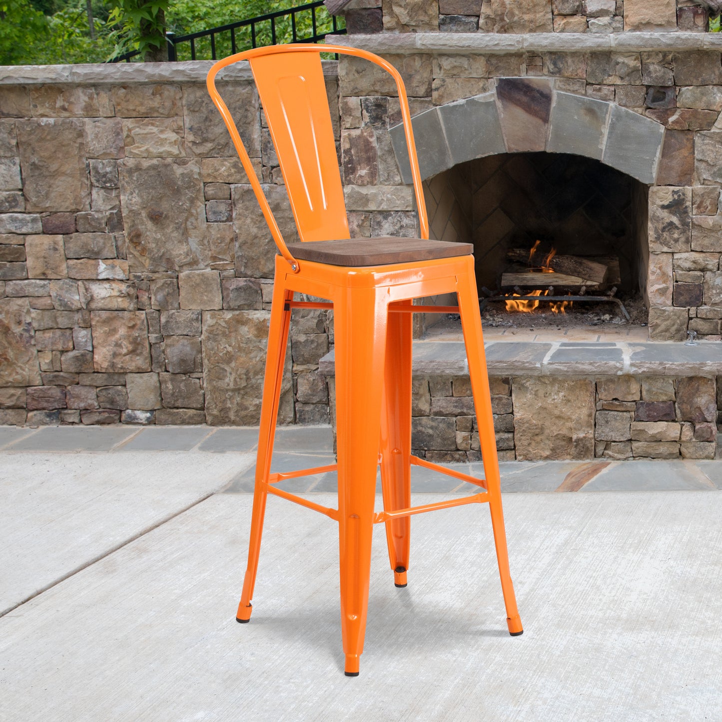 Lily 30" High Orange Metal Barstool with Back and Wood Seat Orange
