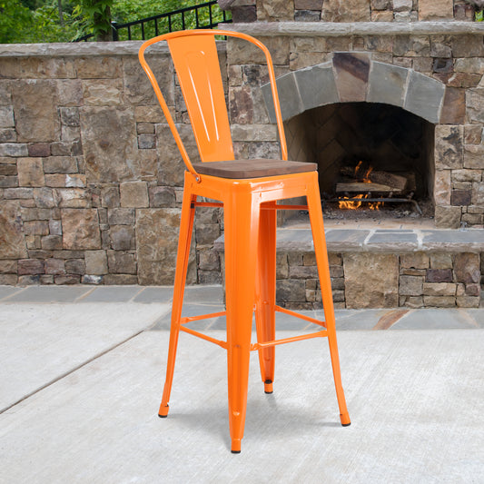 Lily 30" High Orange Metal Barstool with Back and Wood Seat Orange