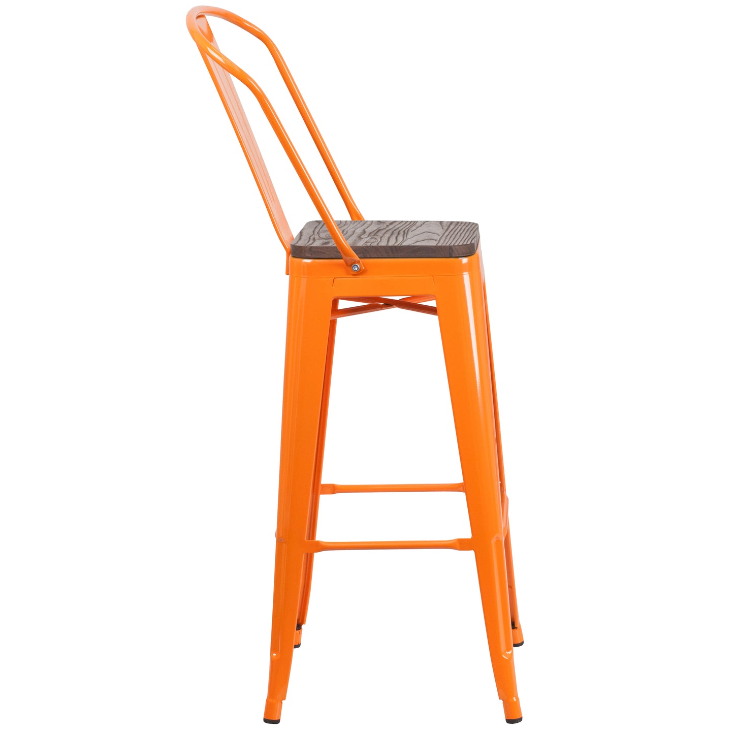 Lily 30" High Orange Metal Barstool with Back and Wood Seat Orange