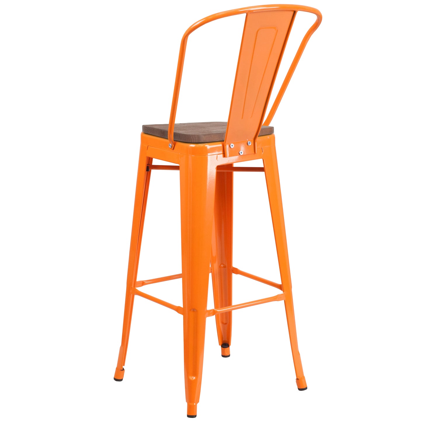 Lily 30" High Orange Metal Barstool with Back and Wood Seat Orange