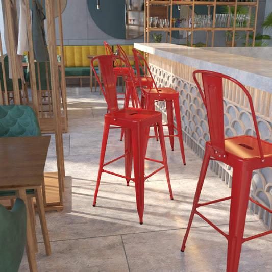 Kai Commercial Grade 30" High Red Metal Indoor-Outdoor Barstool with Removable Back Red
