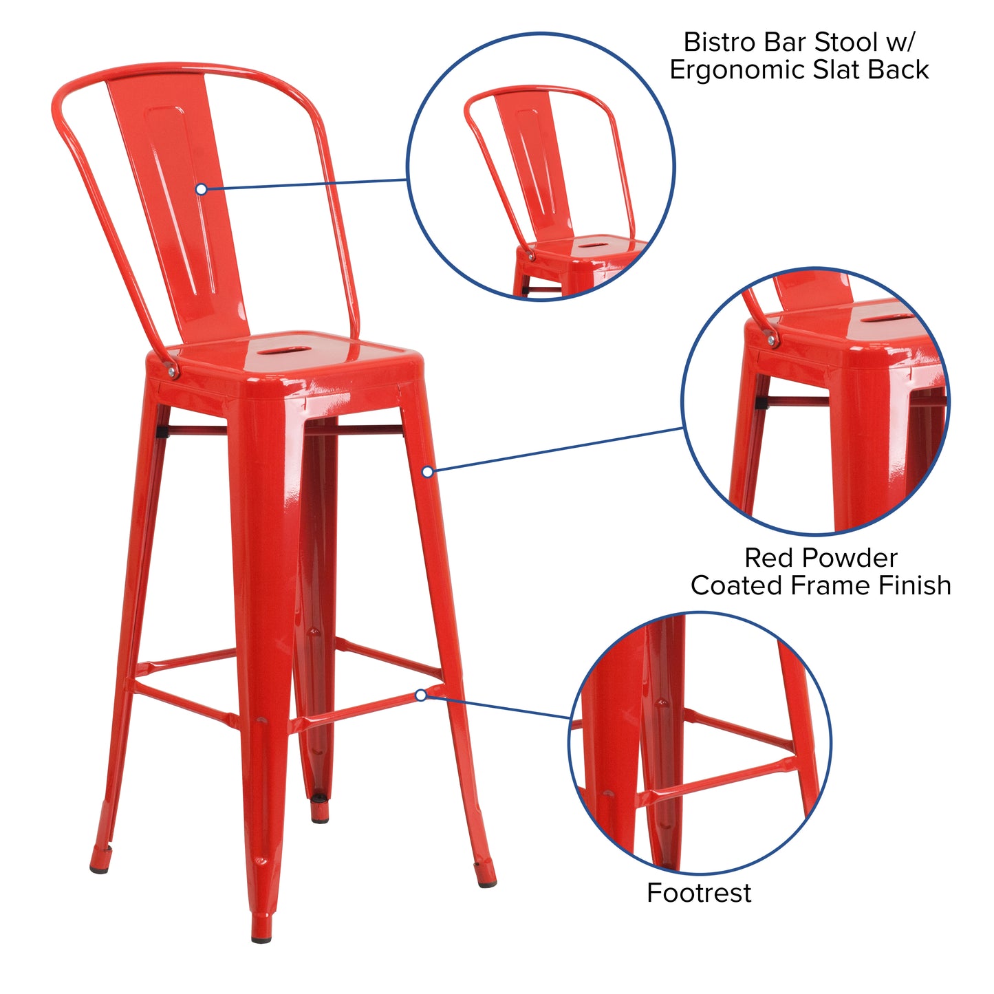 Kai Commercial Grade 30" High Red Metal Indoor-Outdoor Barstool with Removable Back Red