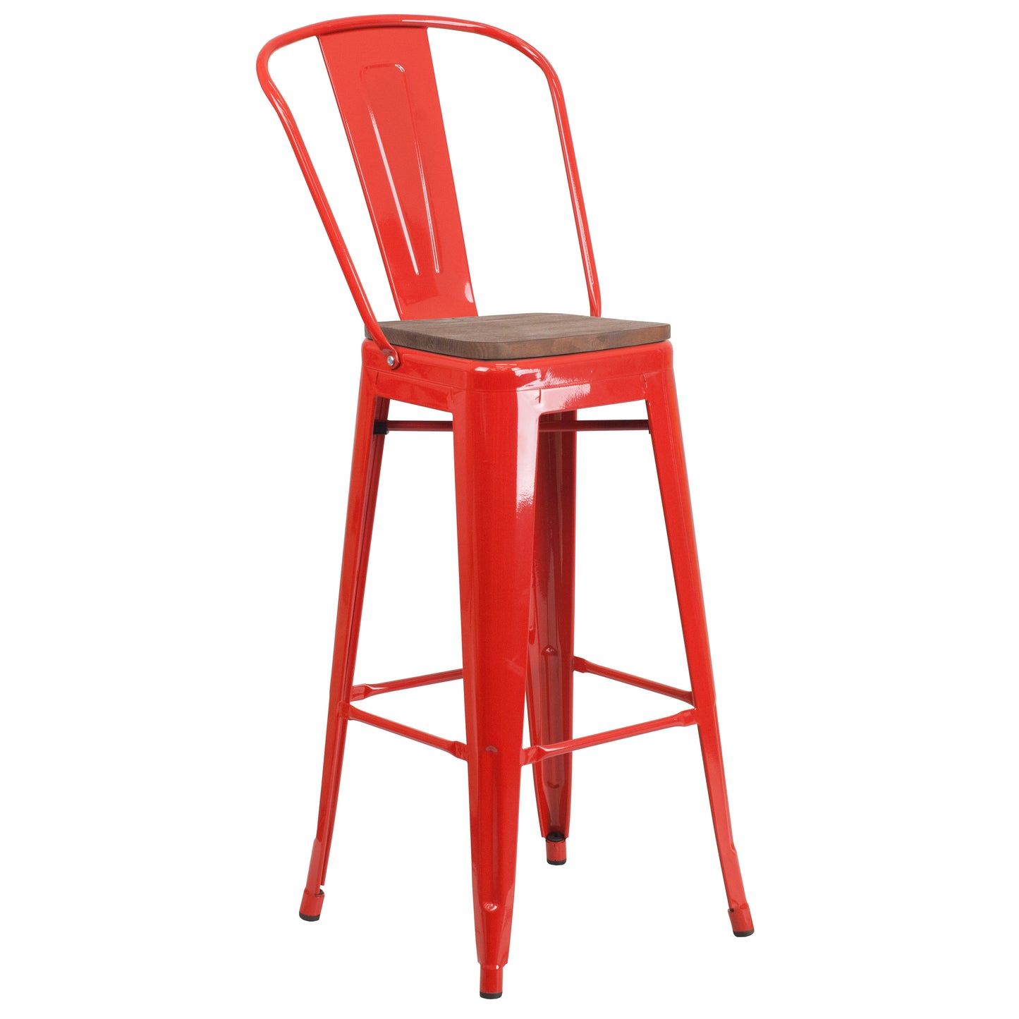 Lily 30" High Red Metal Barstool with Back and Wood Seat Red CH-31320-30GB-RED-WD-GG