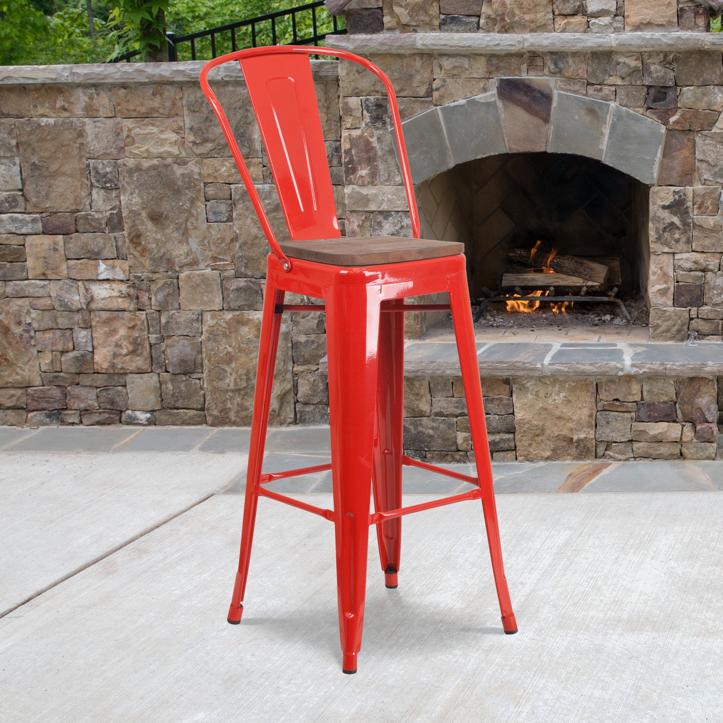 Lily 30" High Red Metal Barstool with Back and Wood Seat Red CH-31320-30GB-RED-WD-GG