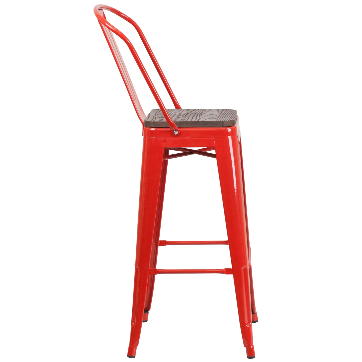 Lily 30" High Red Metal Barstool with Back and Wood Seat Red CH-31320-30GB-RED-WD-GG