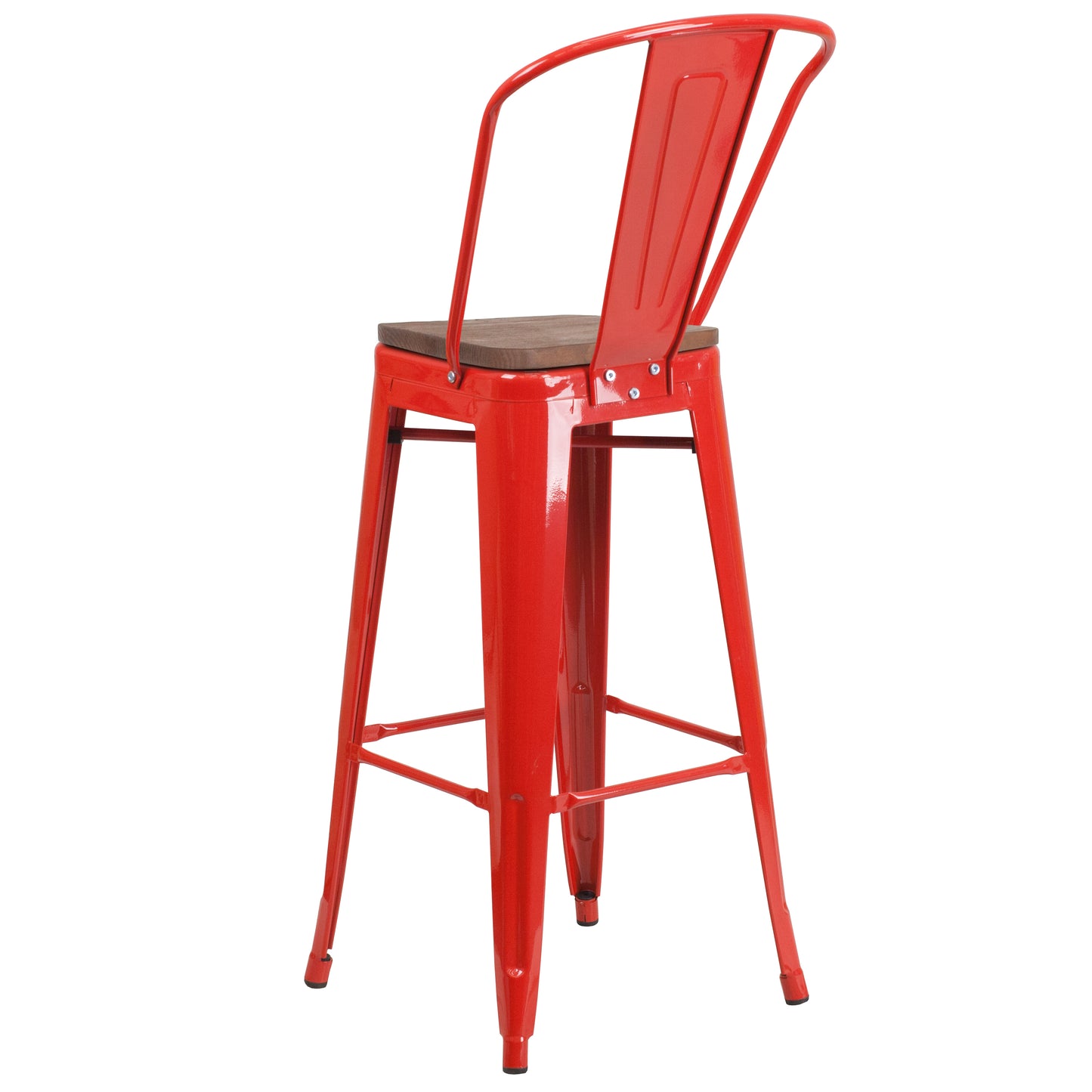 Lily 30" High Red Metal Barstool with Back and Wood Seat Red CH-31320-30GB-RED-WD-GG