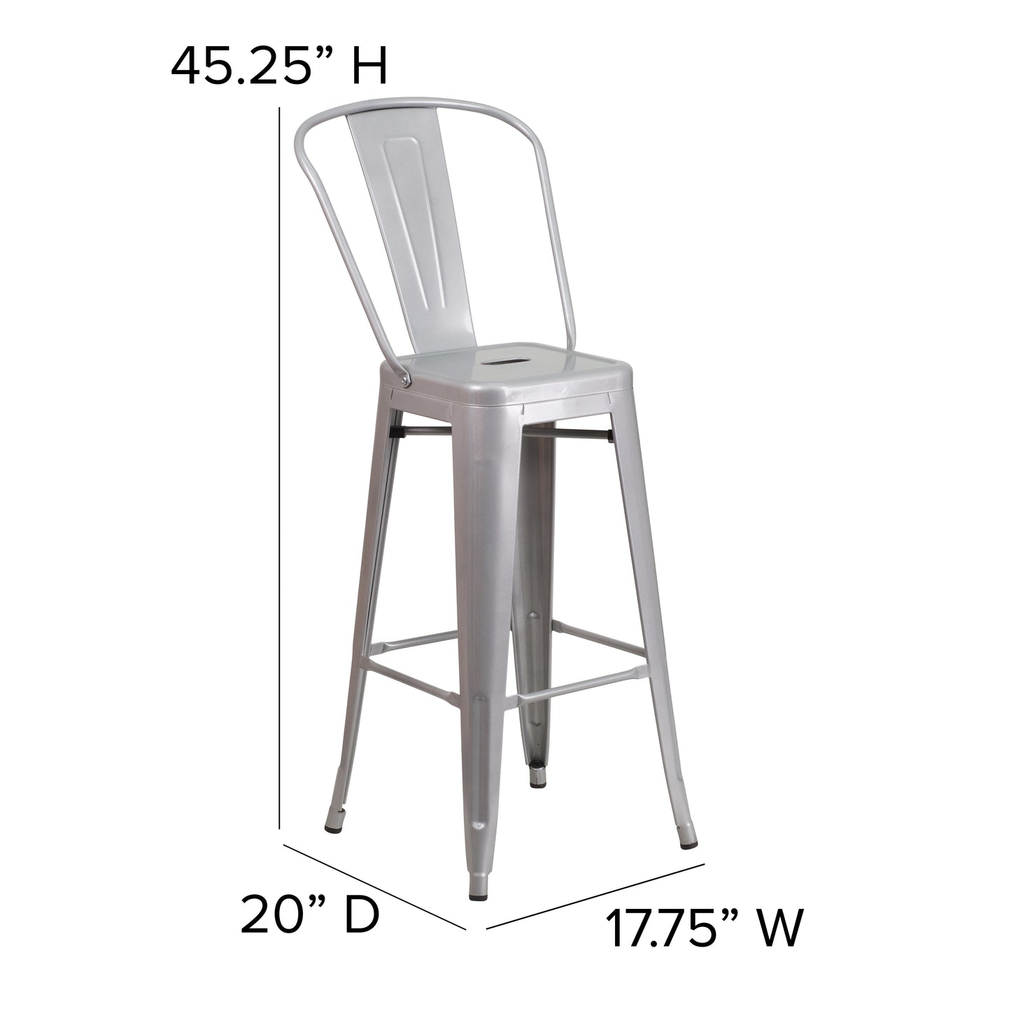 Kai Commercial Grade 30" High Silver Metal Indoor-Outdoor Barstool with Removable Back Silver