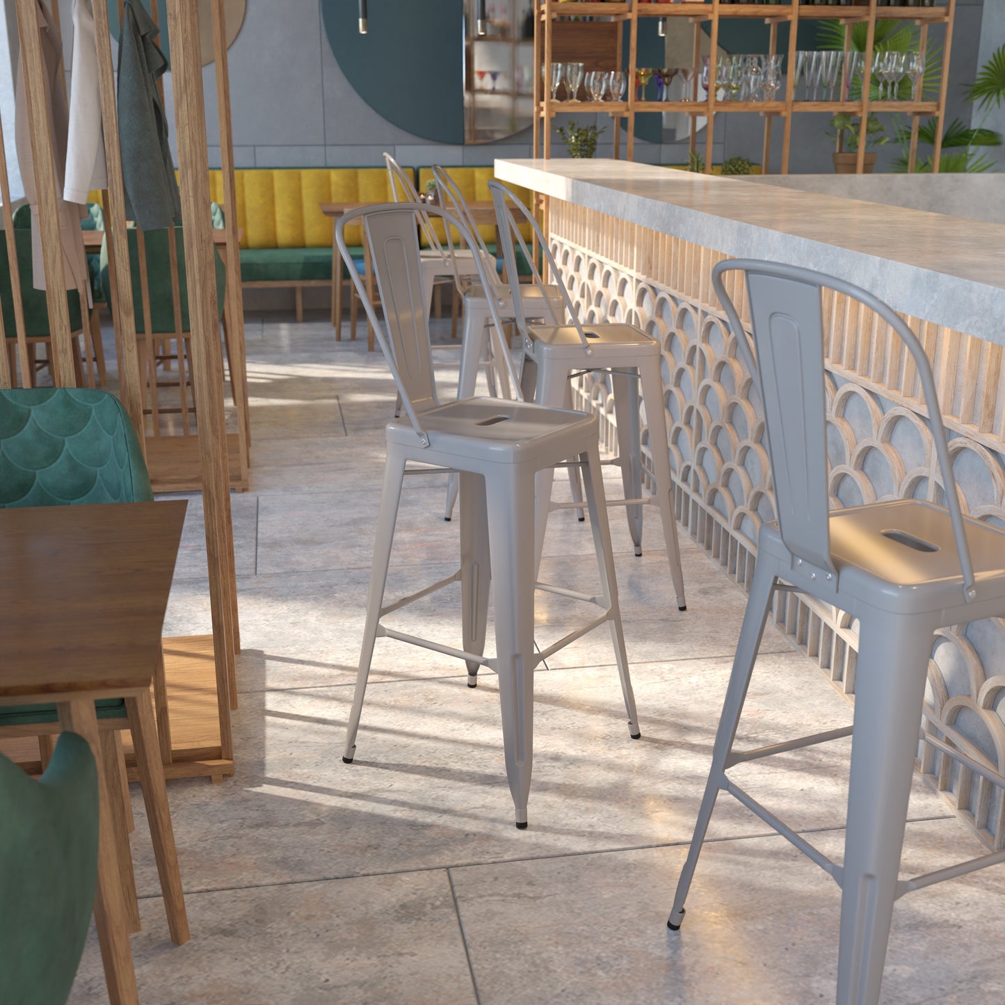 Kai Commercial Grade 30" High Silver Metal Indoor-Outdoor Barstool with Removable Back Silver
