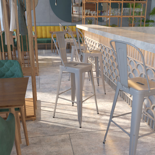 Kai Commercial Grade 30" High Silver Metal Indoor-Outdoor Barstool with Removable Back Silver