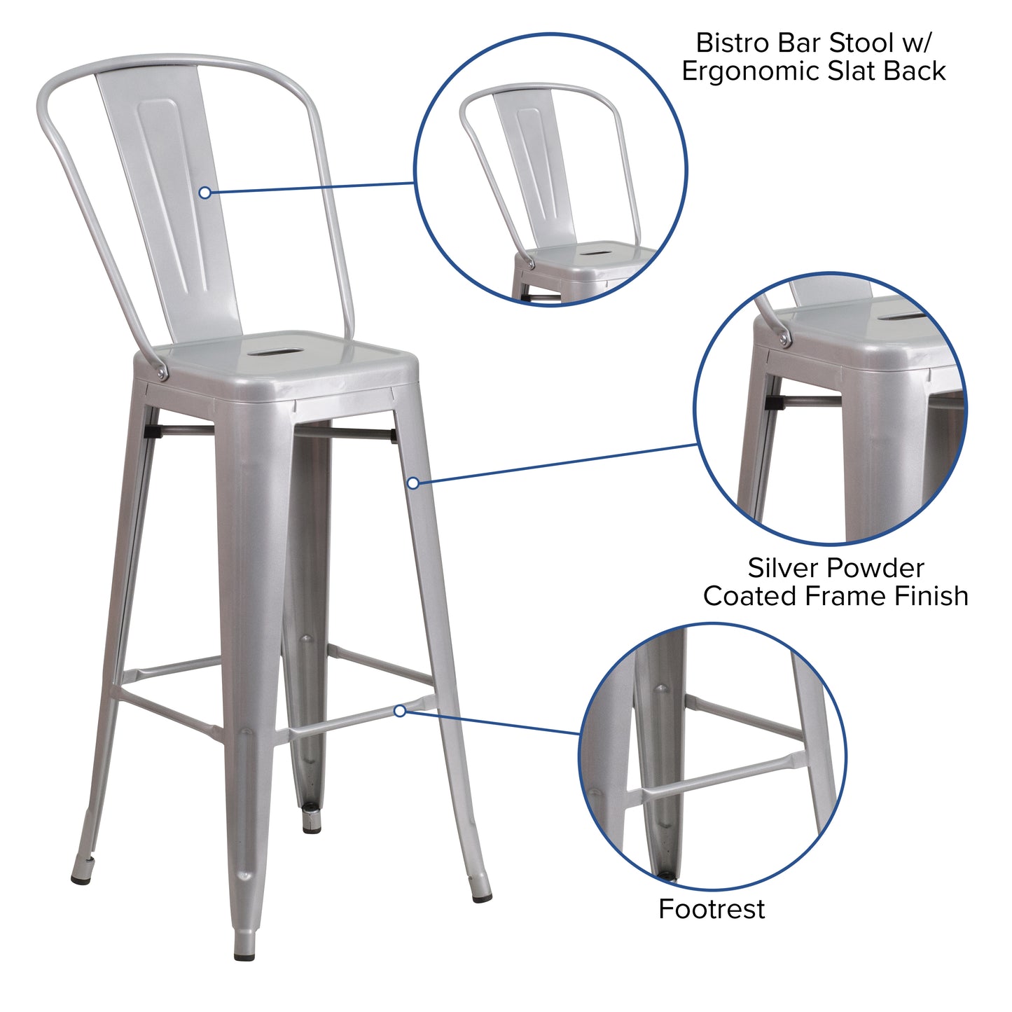 Kai Commercial Grade 30" High Silver Metal Indoor-Outdoor Barstool with Removable Back Silver