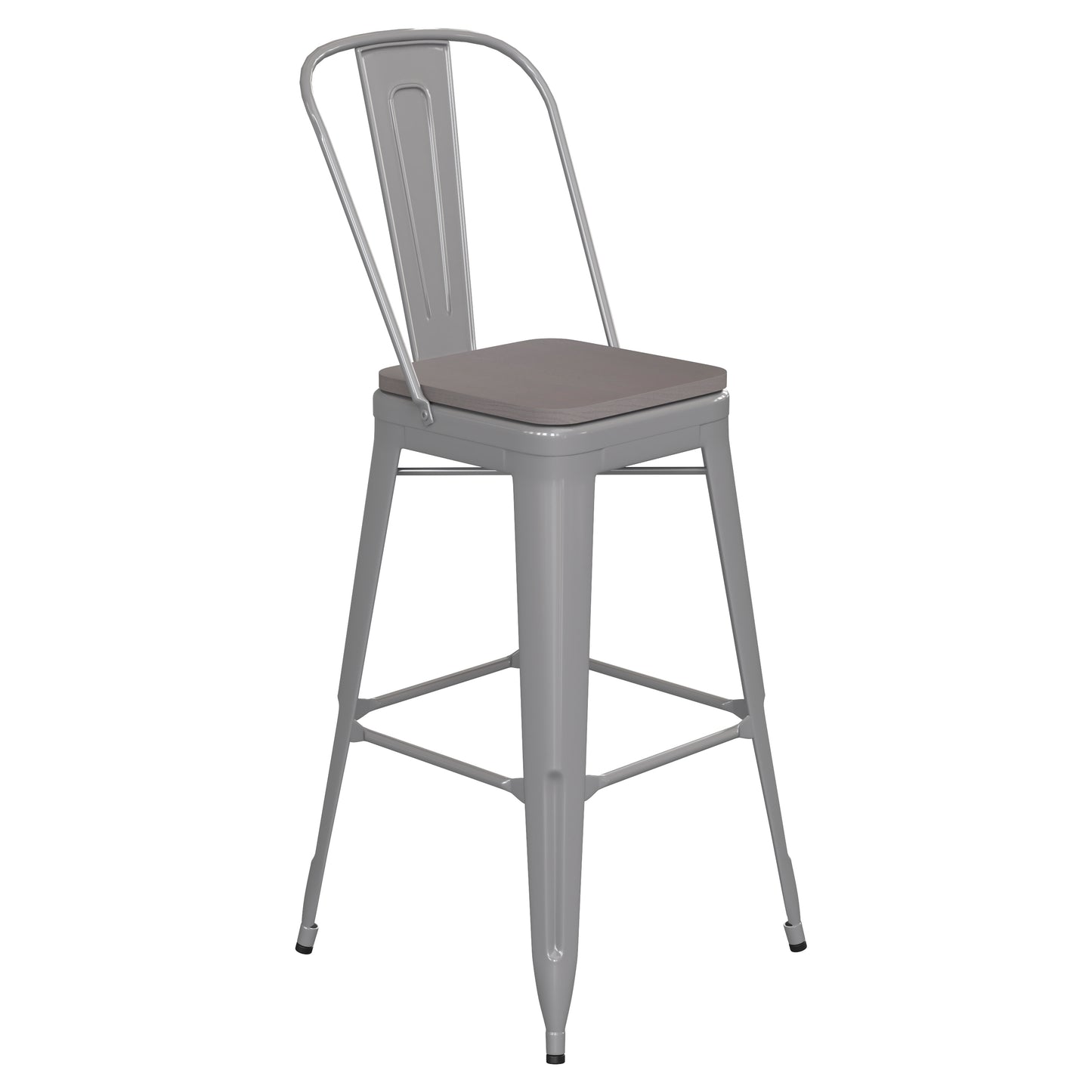 Kai Commercial Grade 30" High Silver Metal Indoor-Outdoor Bar Height Stool with Removable Back and Gray All-Weather Poly Resin Seat Gray Seat/Silver Frame