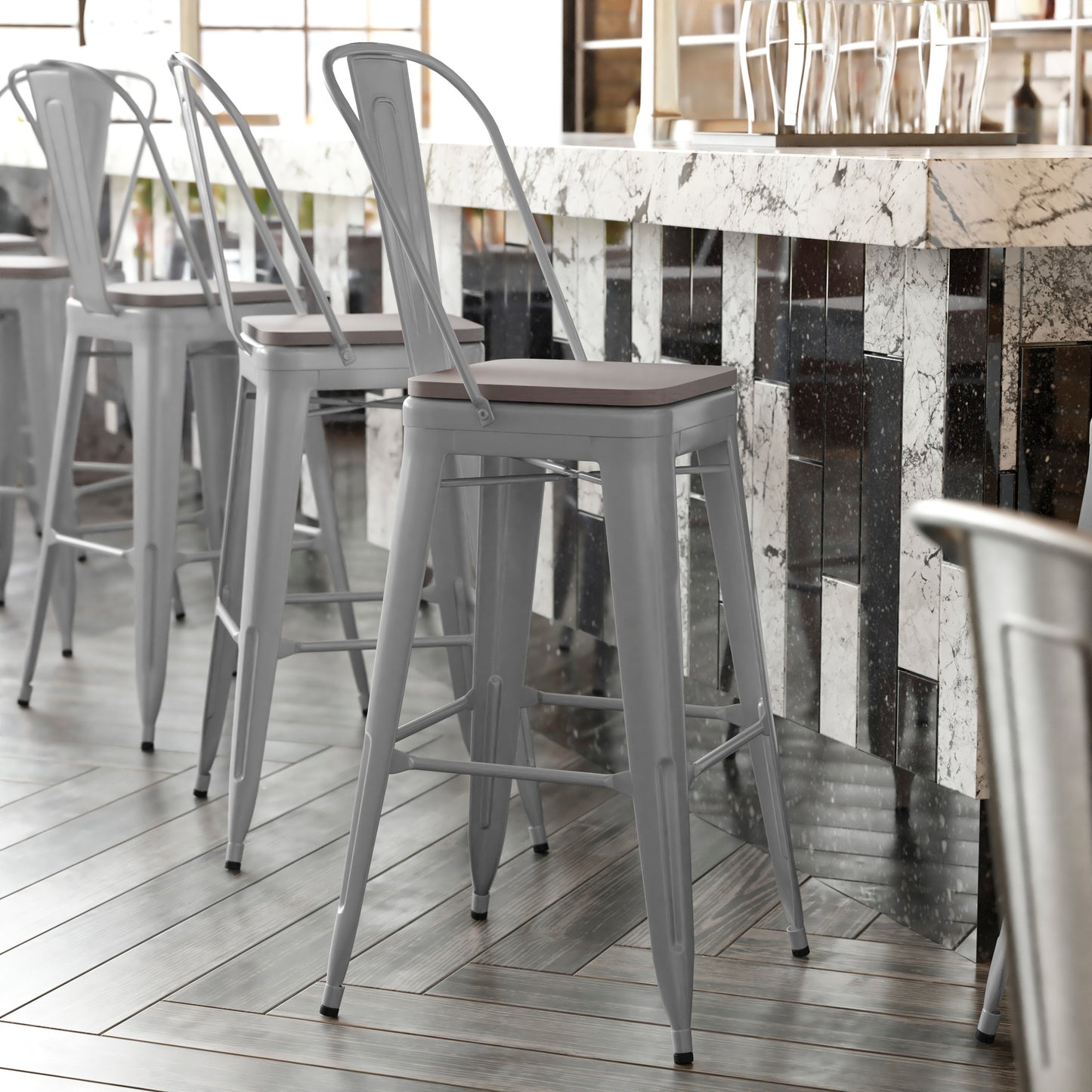 Kai Commercial Grade 30" High Silver Metal Indoor-Outdoor Bar Height Stool with Removable Back and Gray All-Weather Poly Resin Seat Gray Seat/Silver Frame
