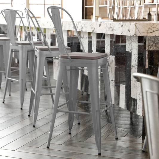 Kai Commercial Grade 30" High Silver Metal Indoor-Outdoor Bar Height Stool with Removable Back and Gray All-Weather Poly Resin Seat Gray Seat/Silver Frame