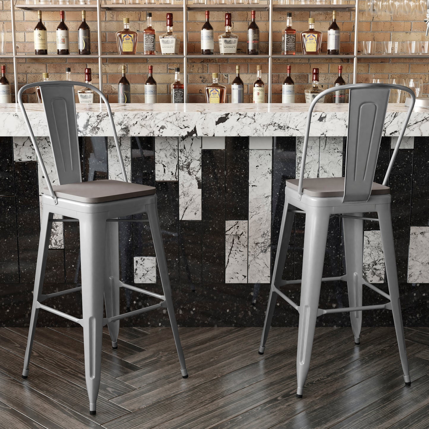 Kai Commercial Grade 30" High Silver Metal Indoor-Outdoor Bar Height Stool with Removable Back and Gray All-Weather Poly Resin Seat Gray Seat/Silver Frame