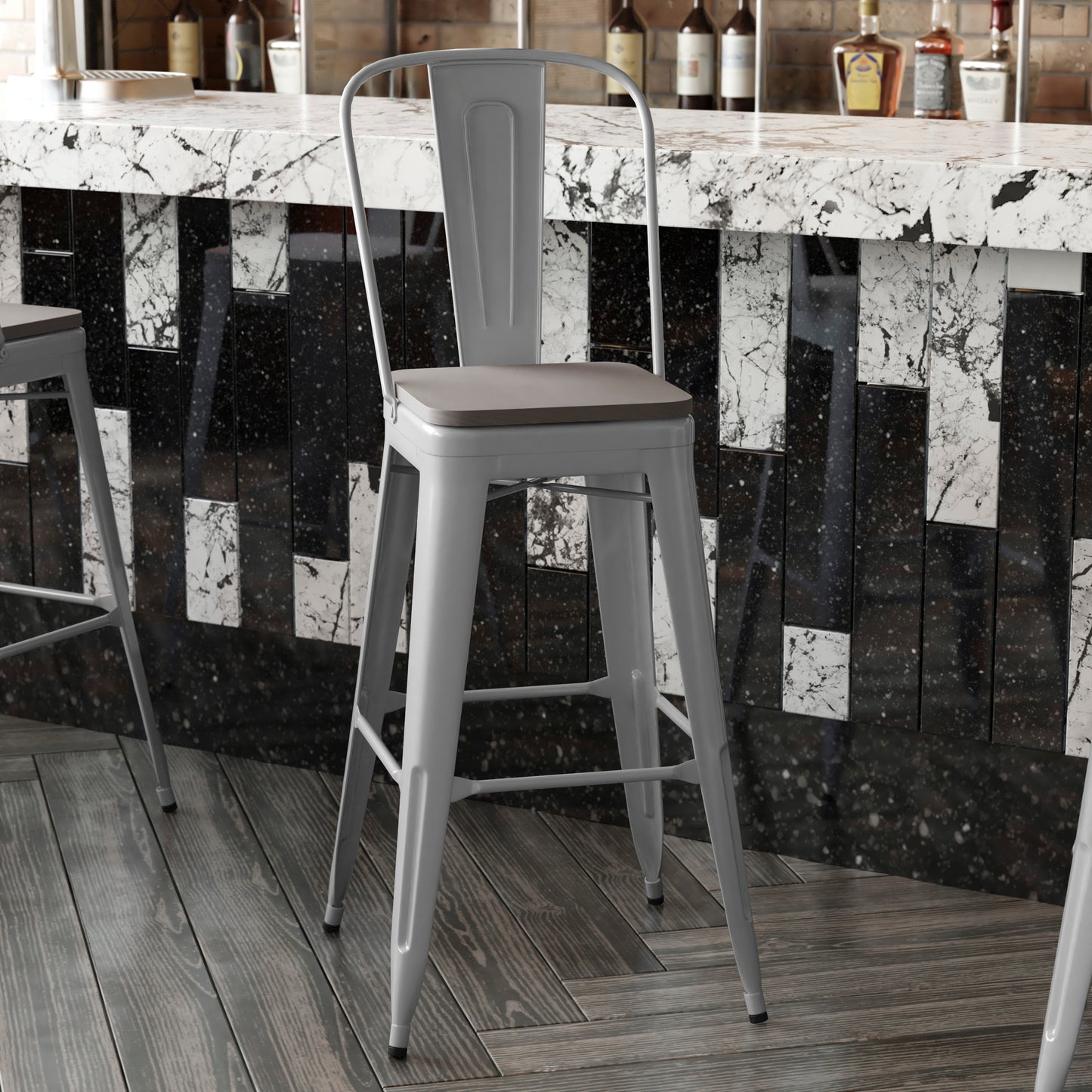 Kai Commercial Grade 30" High Silver Metal Indoor-Outdoor Bar Height Stool with Removable Back and Gray All-Weather Poly Resin Seat Gray Seat/Silver Frame