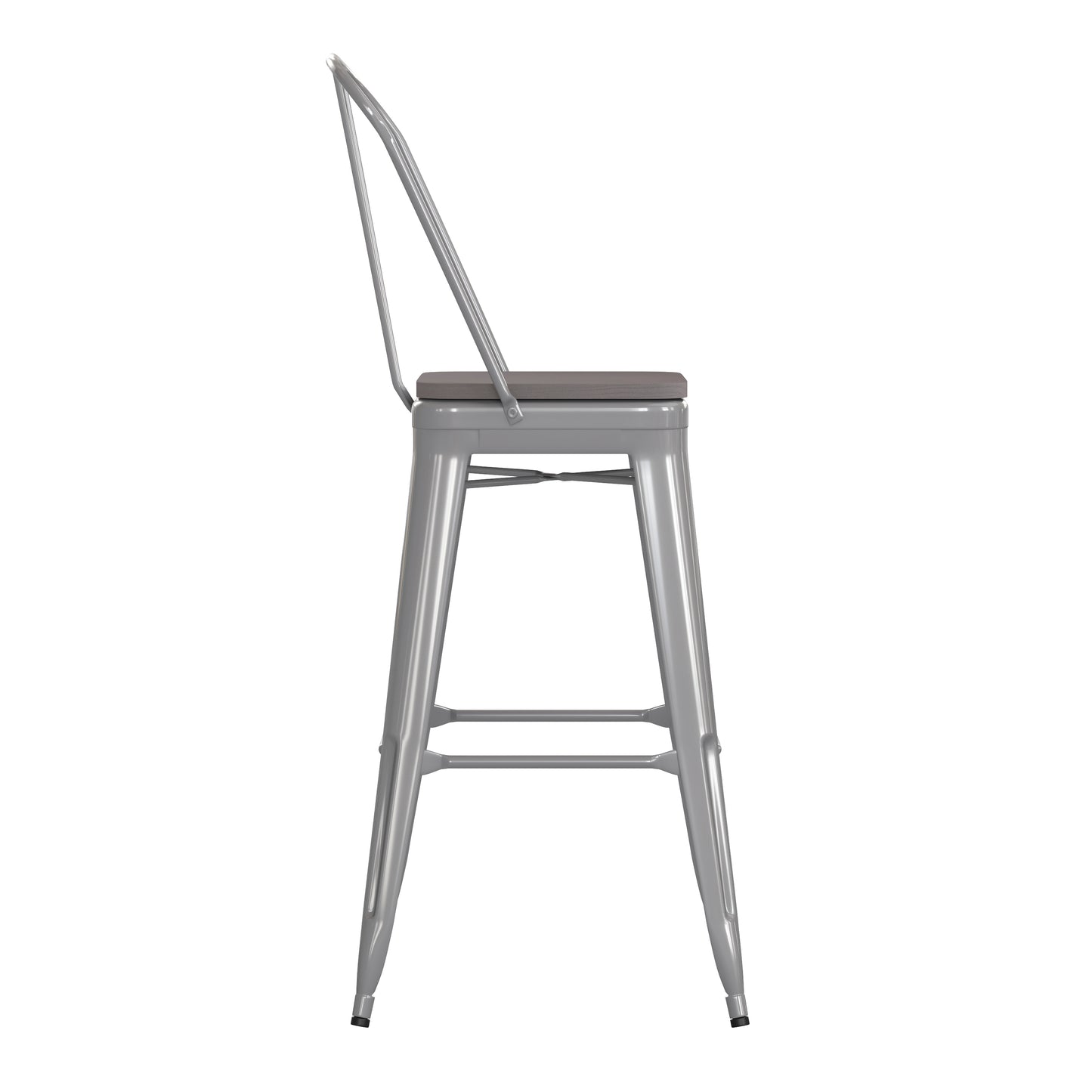 Kai Commercial Grade 30" High Silver Metal Indoor-Outdoor Bar Height Stool with Removable Back and Gray All-Weather Poly Resin Seat Gray Seat/Silver Frame