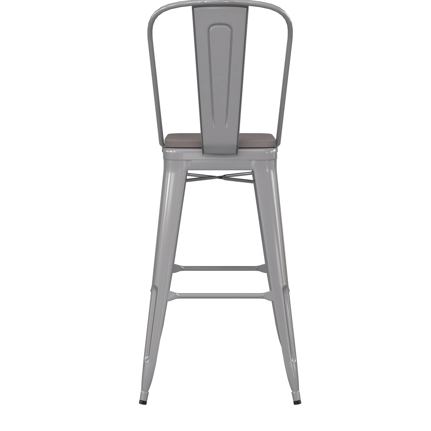 Kai Commercial Grade 30" High Silver Metal Indoor-Outdoor Bar Height Stool with Removable Back and Gray All-Weather Poly Resin Seat Gray Seat/Silver Frame