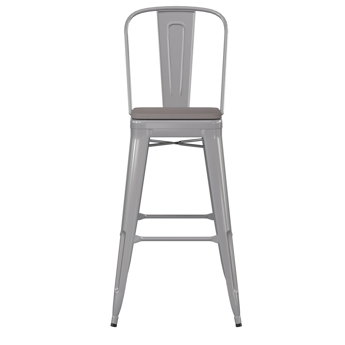 Kai Commercial Grade 30" High Silver Metal Indoor-Outdoor Bar Height Stool with Removable Back and Gray All-Weather Poly Resin Seat Gray Seat/Silver Frame