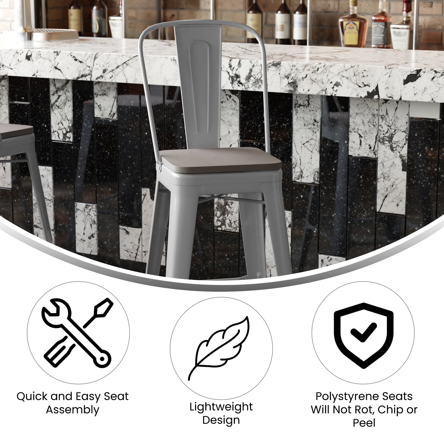 Kai Commercial Grade 30" High Silver Metal Indoor-Outdoor Bar Height Stool with Removable Back and Gray All-Weather Poly Resin Seat Gray Seat/Silver Frame