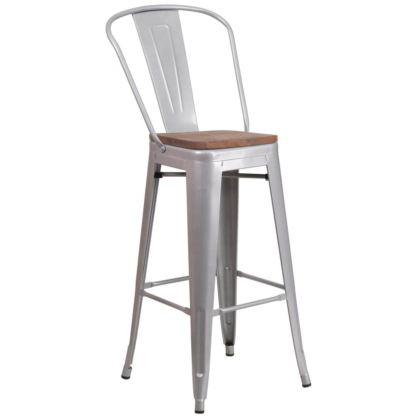 Lily 30" High Silver Metal Barstool with Back and Wood Seat Silver