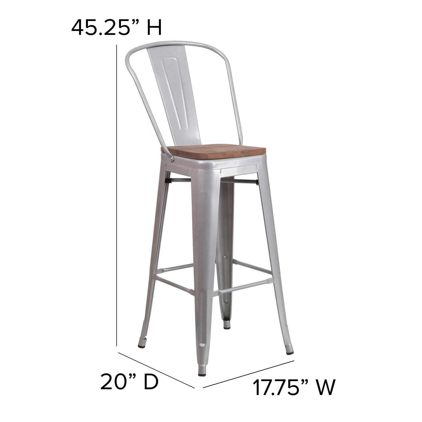 Lily 30" High Silver Metal Barstool with Back and Wood Seat Silver