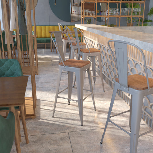 Lily 30" High Silver Metal Barstool with Back and Wood Seat Silver