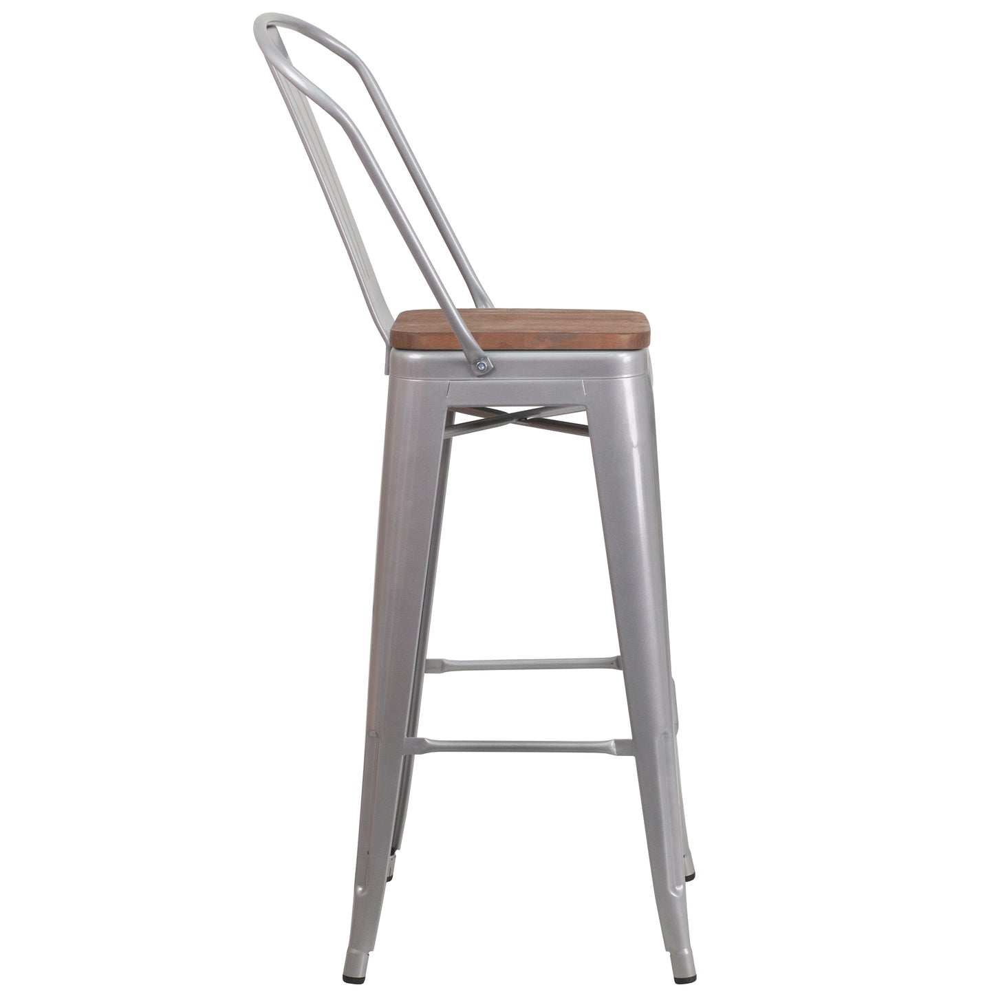 Lily 30" High Silver Metal Barstool with Back and Wood Seat Silver