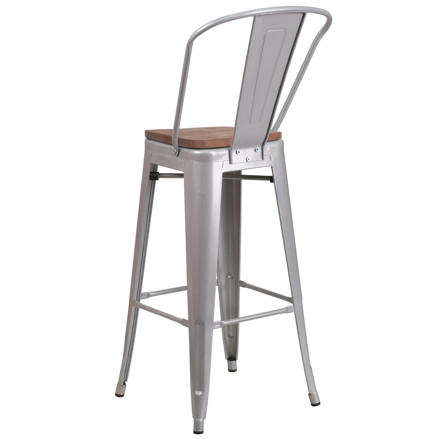 Lily 30" High Silver Metal Barstool with Back and Wood Seat Silver
