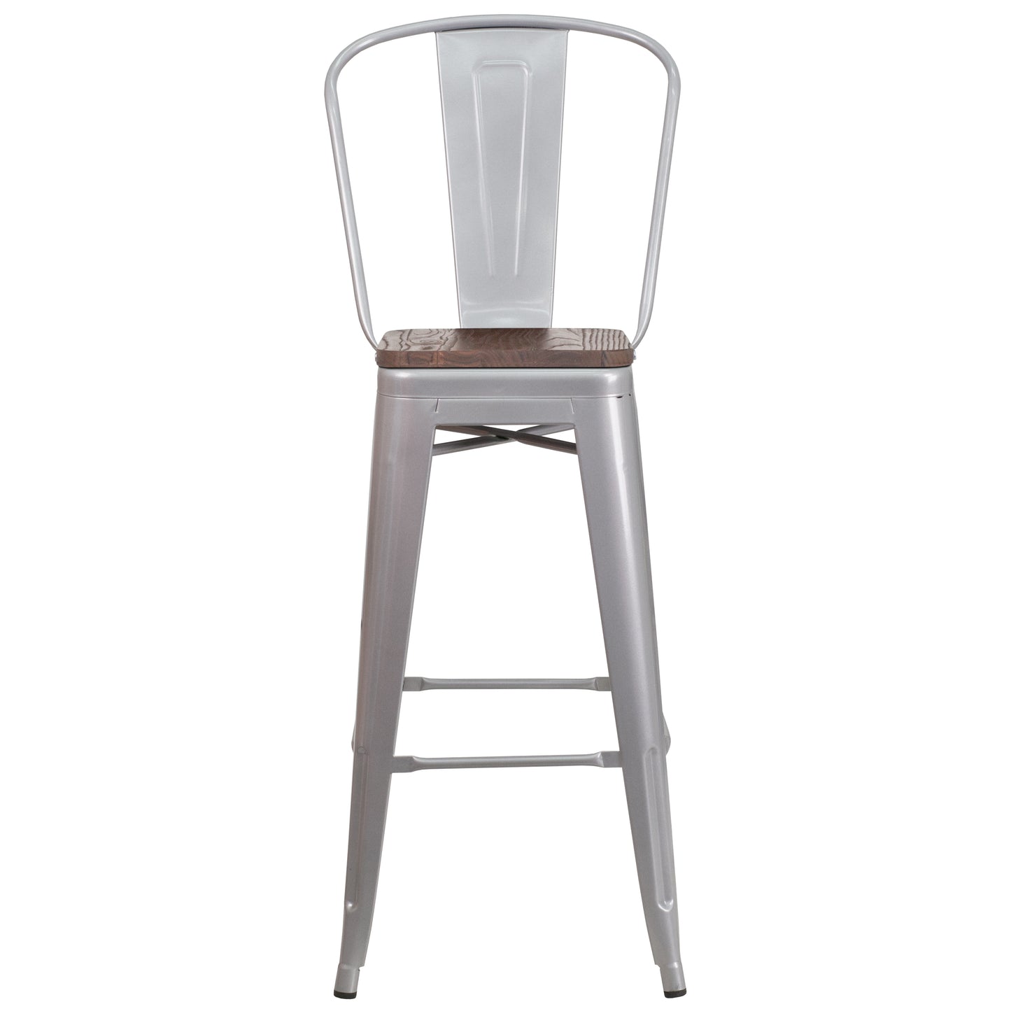 Lily 30" High Silver Metal Barstool with Back and Wood Seat Silver