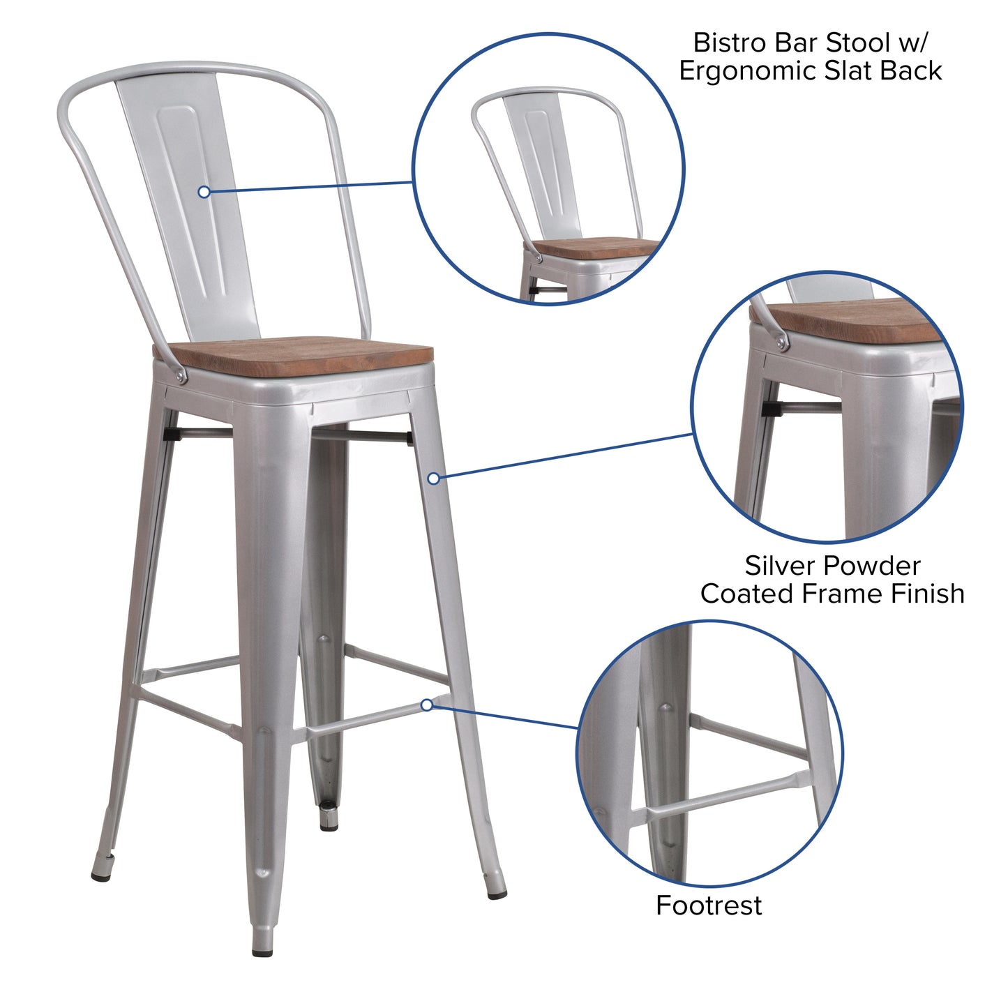 Lily 30" High Silver Metal Barstool with Back and Wood Seat Silver