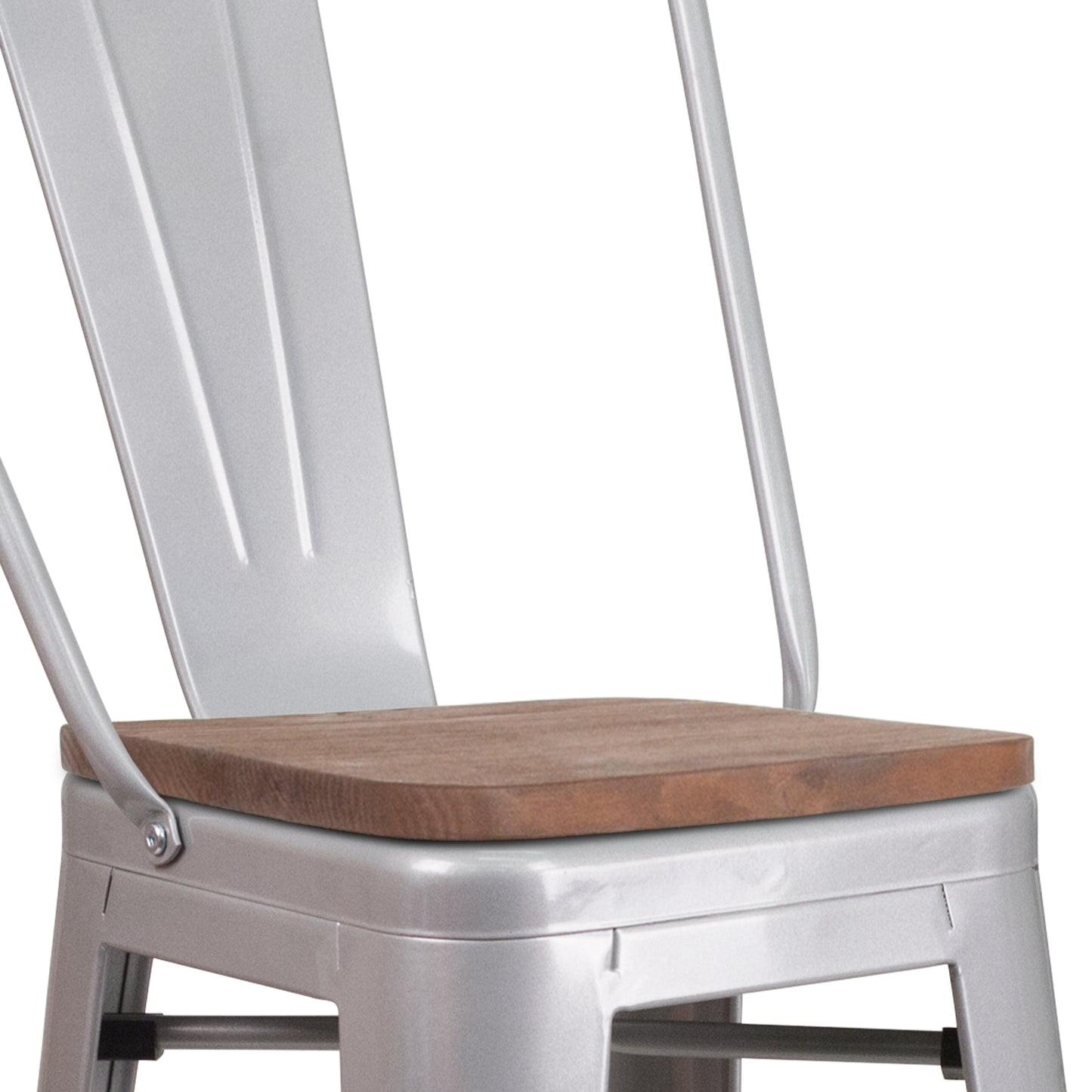 Lily 30" High Silver Metal Barstool with Back and Wood Seat Silver
