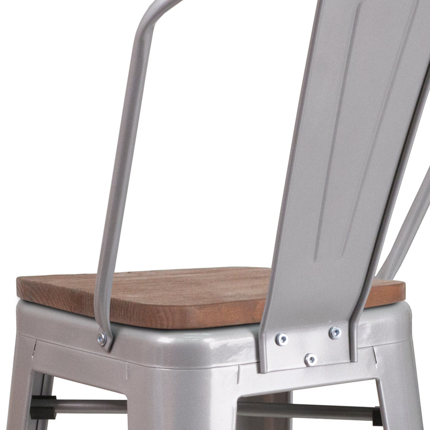 Lily 30" High Silver Metal Barstool with Back and Wood Seat Silver