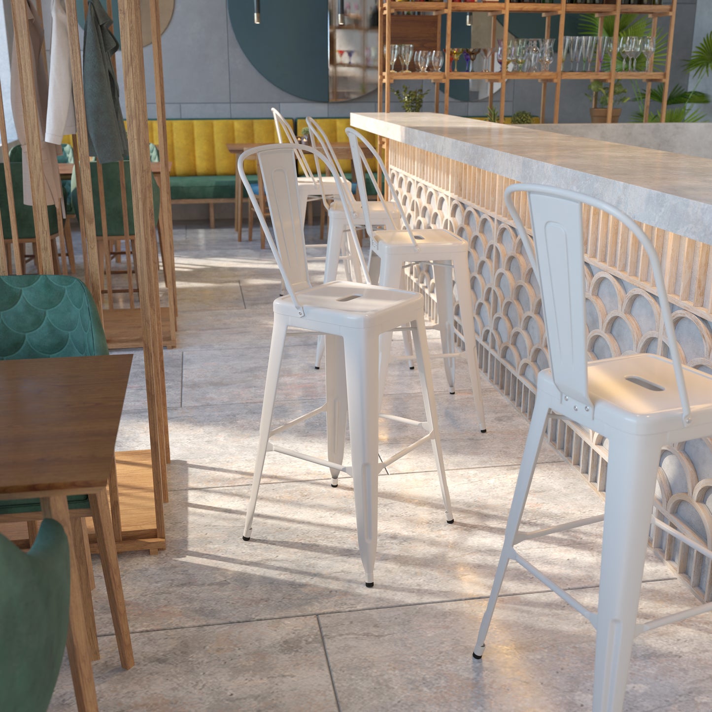 Kai Commercial Grade 30" High White Metal Indoor-Outdoor Barstool with Removable Back White