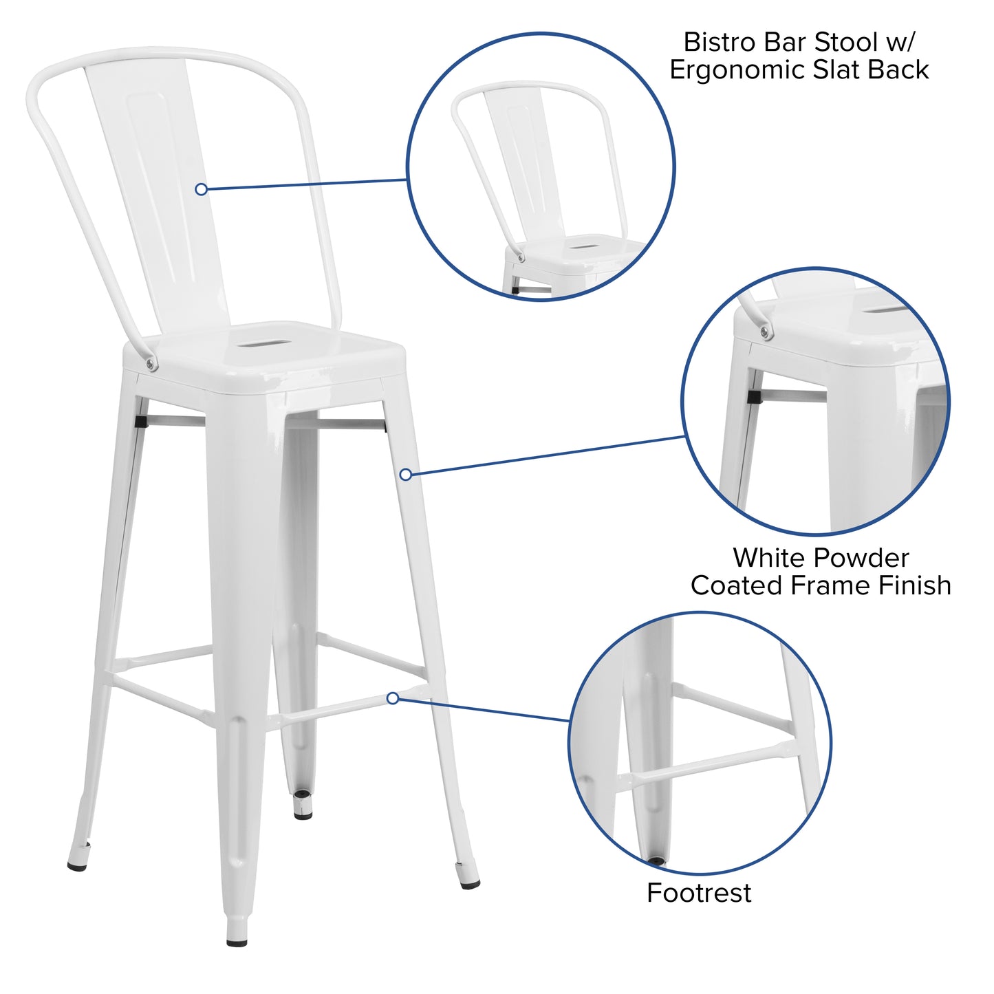 Kai Commercial Grade 30" High White Metal Indoor-Outdoor Barstool with Removable Back White