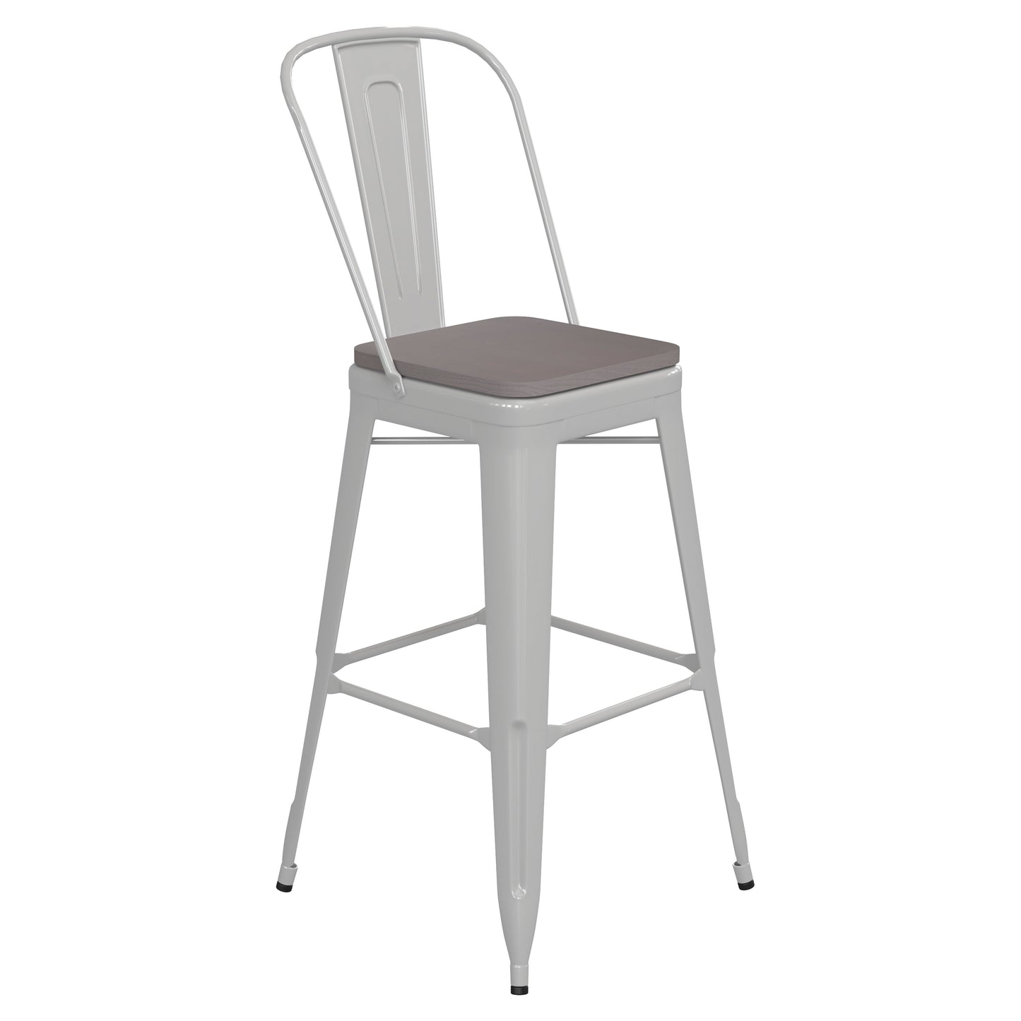 Kai Commercial Grade 30" High White Metal Indoor-Outdoor Bar Height Stool with Removable Back and Gray All-Weather Poly Resin Seat Gray Seat/White Frame