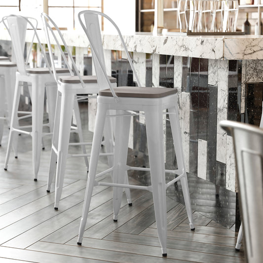 Kai Commercial Grade 30" High White Metal Indoor-Outdoor Bar Height Stool with Removable Back and Gray All-Weather Poly Resin Seat Gray Seat/White Frame